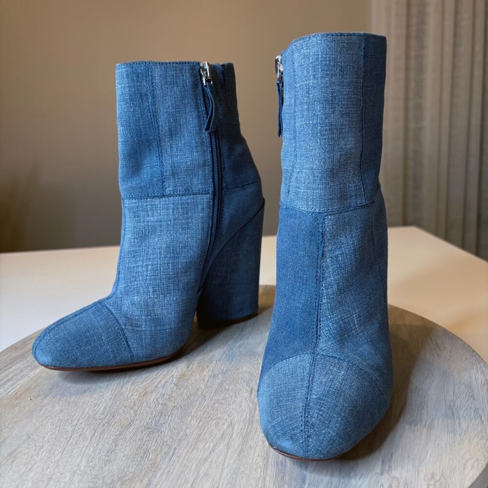 10 Crosby by Derek Lam Blue Denim Patchwork Ankle Bootie Block Heel Boots Sz 8